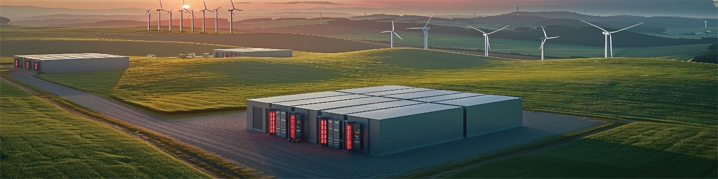 Grid-scale battery storage in green fields with wind turbines at sunset