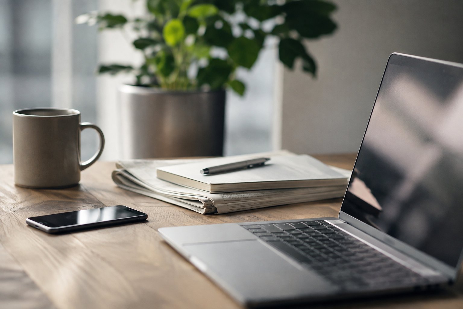 Desk with laptop, newspaper and coffee