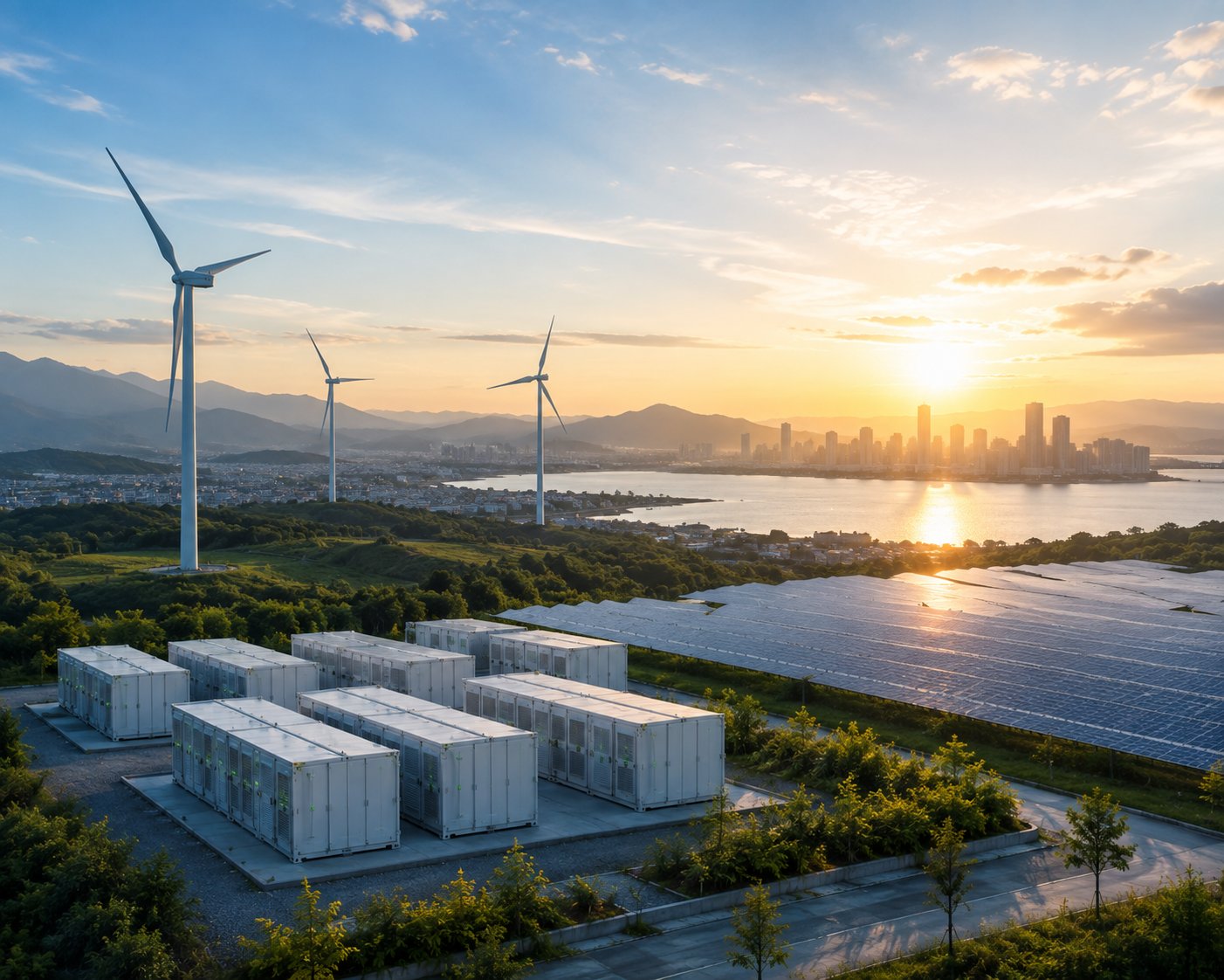Battery storage with wind turbines and solar overlooking a coastal city at sunset